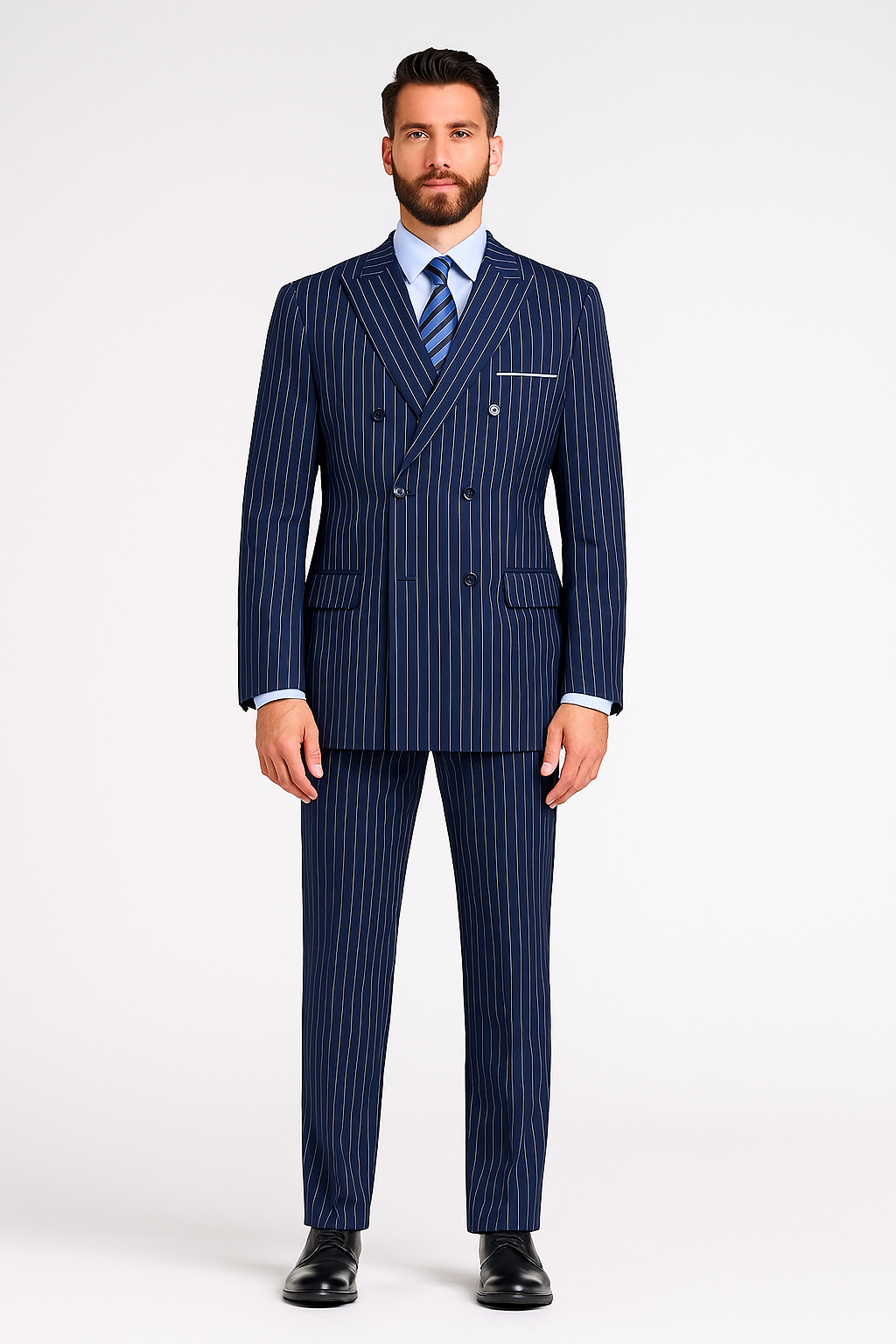 Men’s Royal Blue Pinstripe Double-Breasted Suit – 6-Button Classic Vintage Gangster Style in Inigo Cobalt Blue Pinstripe Color