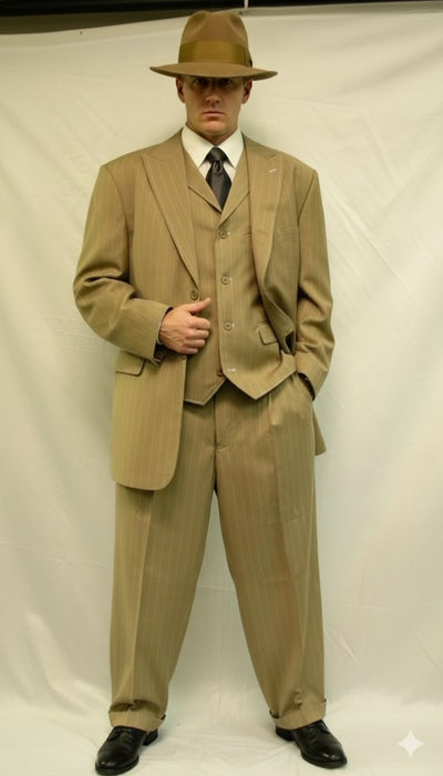 1920s Tan Pinstripe 3-Button Gangster Suit