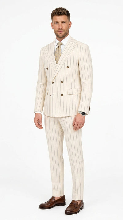 Menβs Cream Off White Pinstripe Linen Pinstripe 2 Piece Double Breasted Suit, Summer Wedding Ivory Color By Vitali
