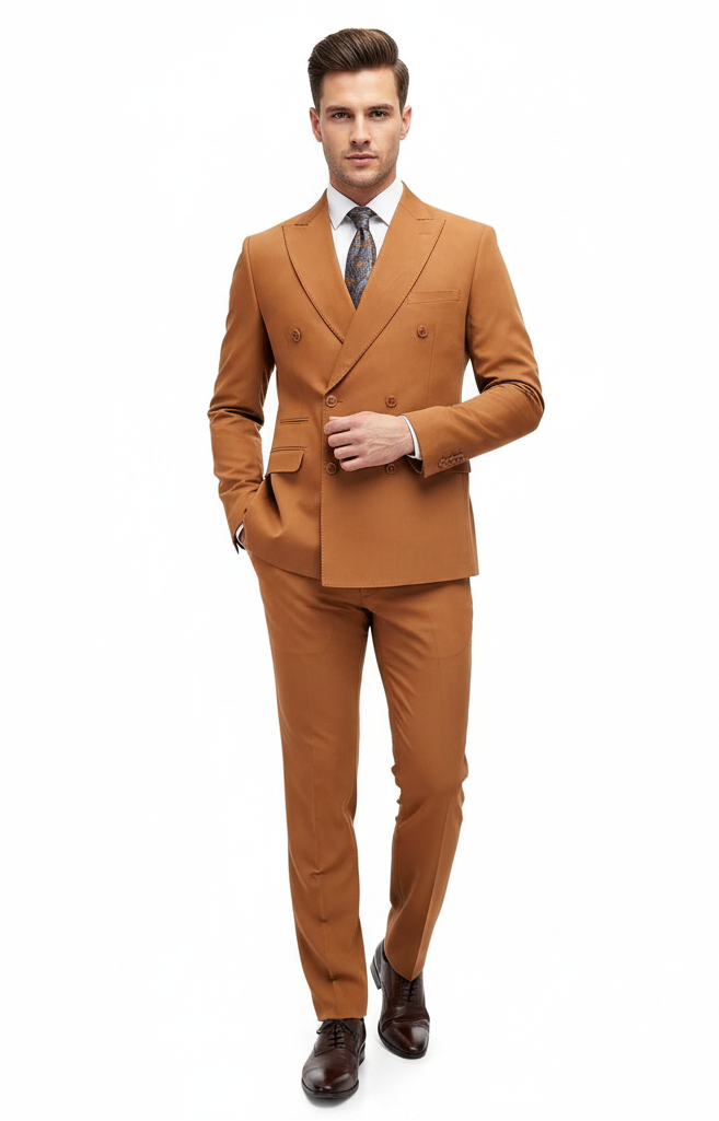 Men’s Vitali Brand Rustish Orange Brown Copper Color Double Breasted Slim Fit Suit