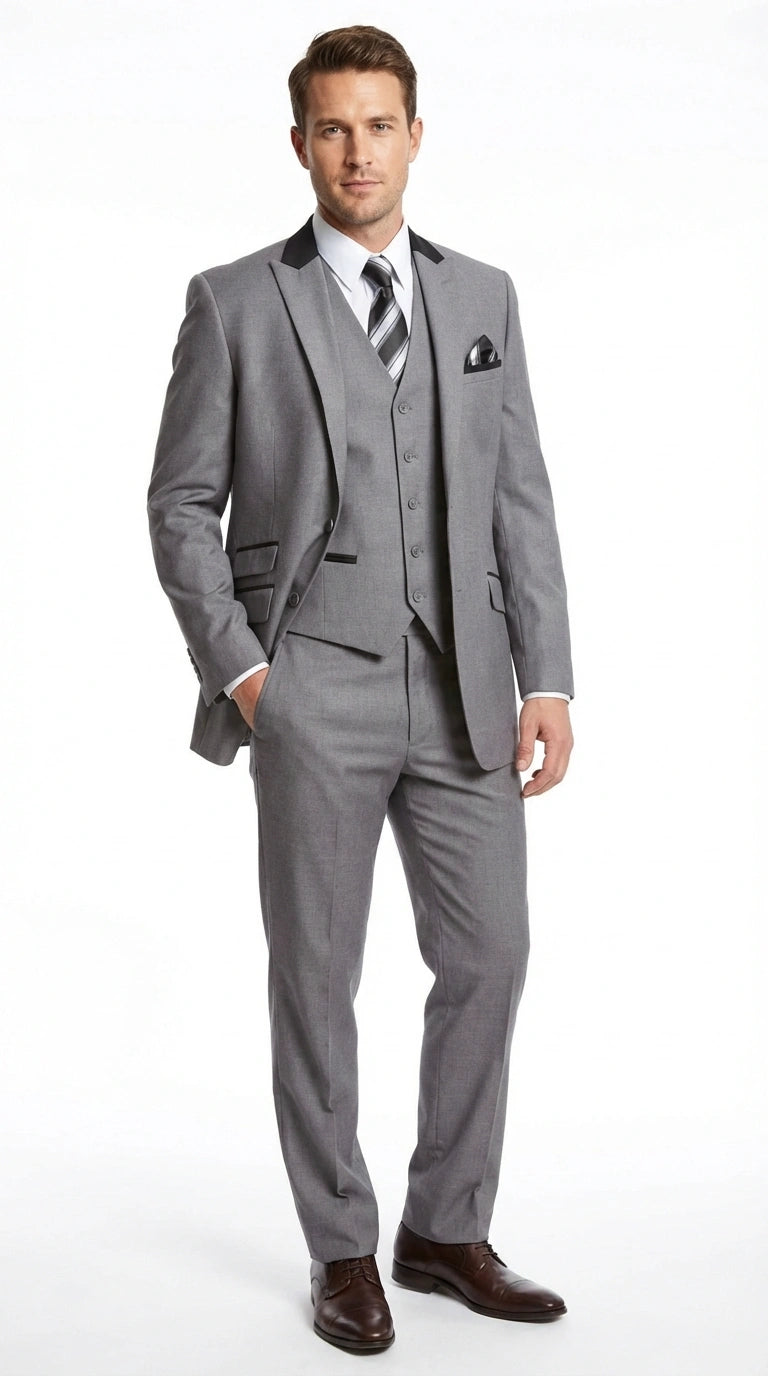 Men’s Light Gray Three Piece Suit with Black Chesterfield Collar – Classic Formal Weddings and Business Suit Set 1920s Vintage