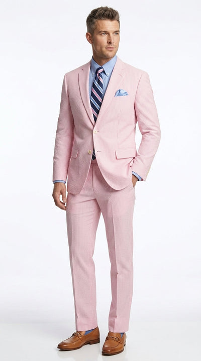 Menβs Pink Seersucker 2 Piece Suit, Lightweight Summer Dress Suit for Weddings, Prom, Parties, and Special Occasions