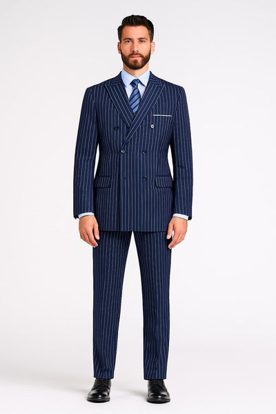 Mens Royal Blue Pinstripe Double-Breasted Suit – 6-Button Classic Vintage Gangster Style in Indigo Cobalt Blue Pinstripe Color