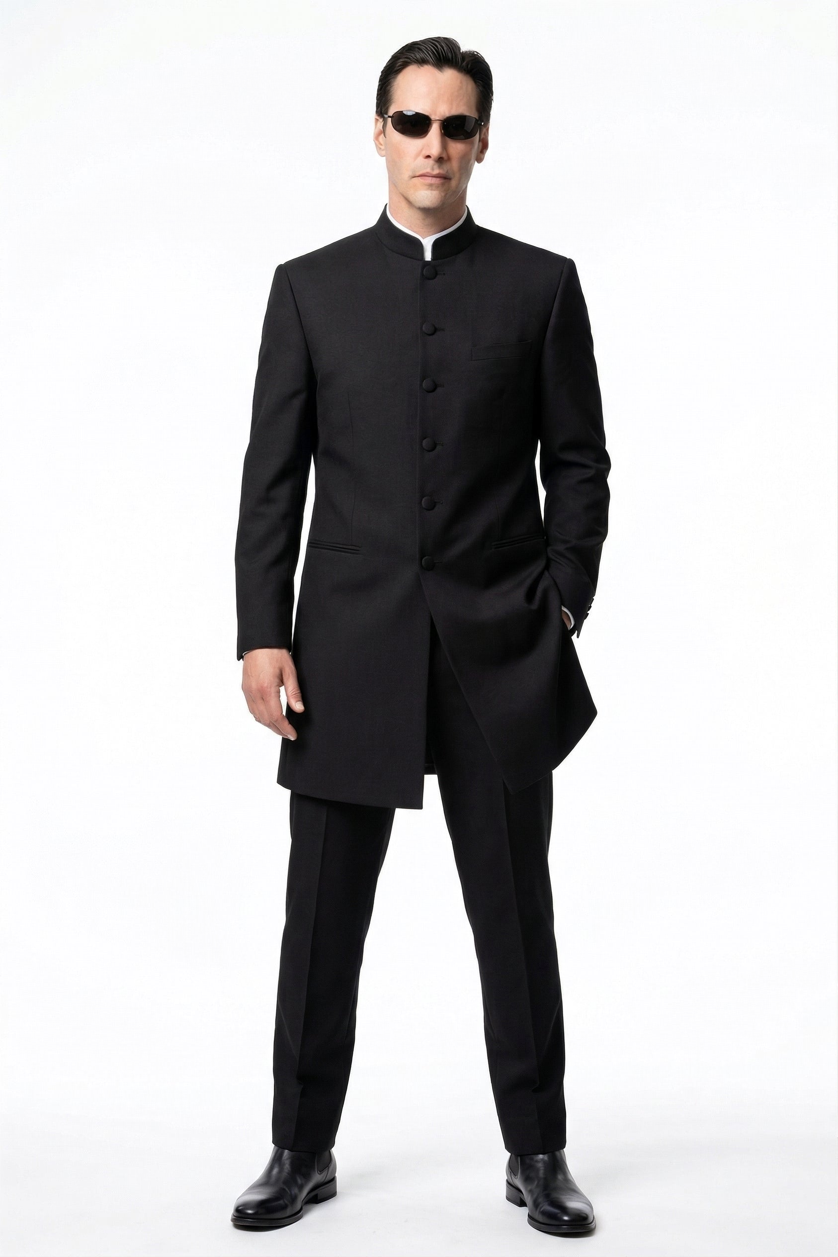 Men’s Black Coat Matrix Keanu Reeves Inspired Long Coat – Classic Mandarin Collar Formal Overcoat, Stylish Winter Trench Coat, Neo Style Jacket