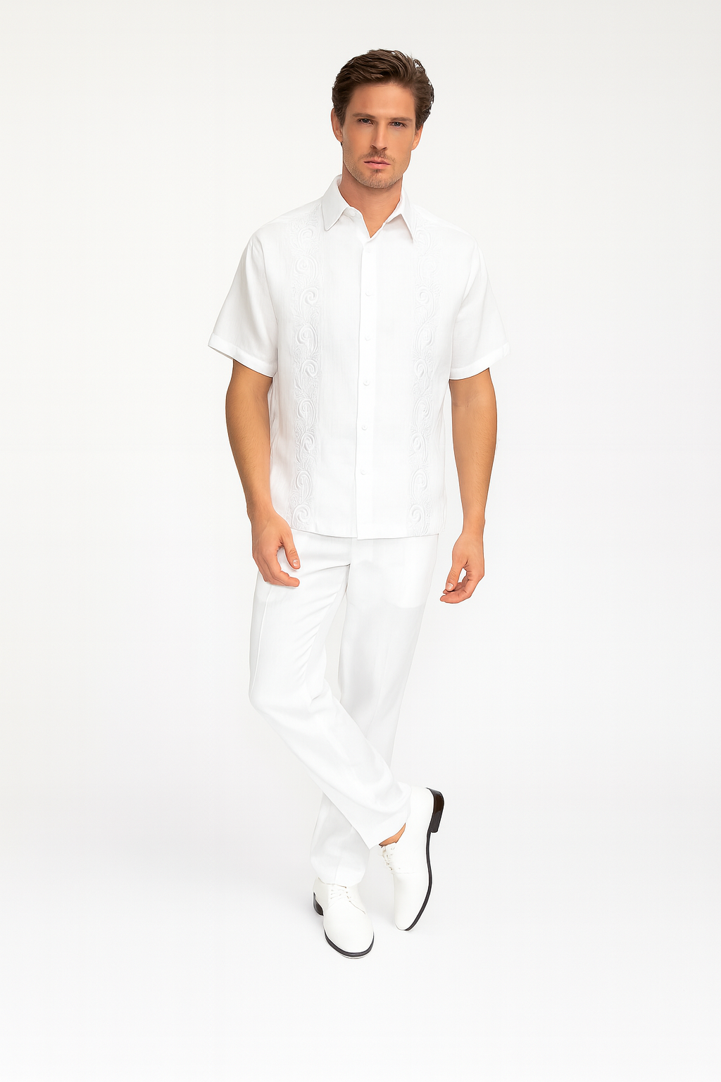 White Linen Embroidered Guayabera Set