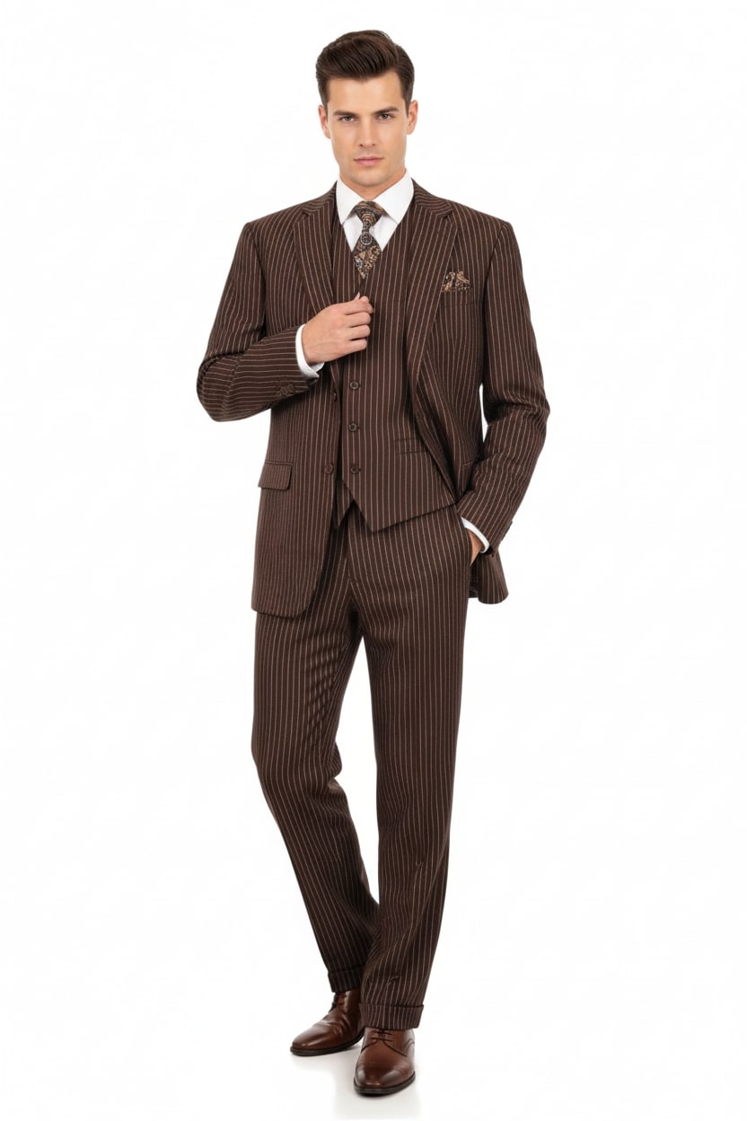 Men’s Brown Pinstripe 3-Piece Suits – Classic Business and Formal Wear with Vest