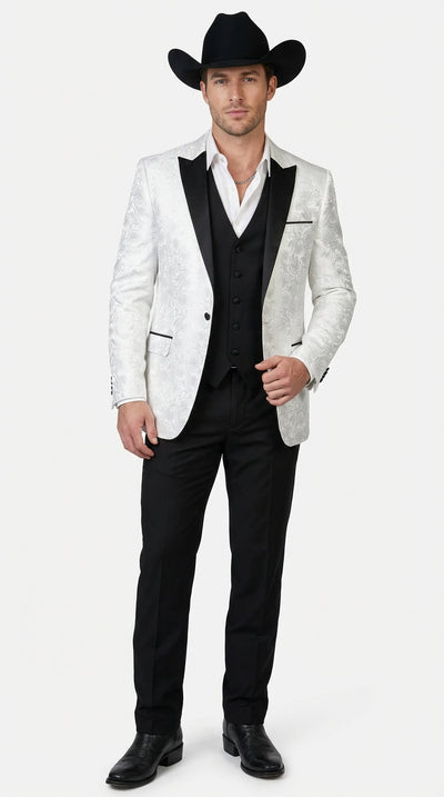Menβs White Paisley Cowboy Tuxedo with Black Satin Lapel β Western Formal Wedding Suit Jacket