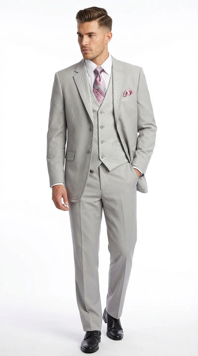 Menβs Light Gray 3 Piece Suit β Ice Silver Gray Formal Suit Set with Vest, Patterned Lapel and Tie for Wedding, Prom and Business Events