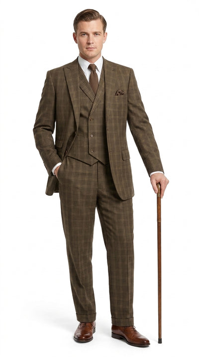 Menβs 1930s Brown Plaid 3 Piece Suit, Vintage Formal Wedding Business Dress Suit Set