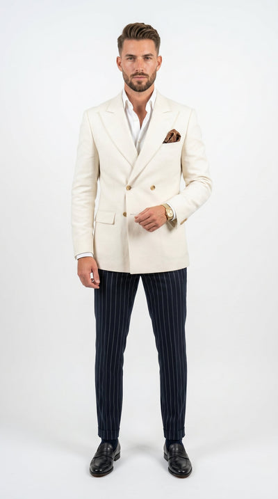 Menβs Ivory Linen Double Breasted Blazer, Lightweight Wedding Dinner Sport Coat Jacket Cream Off White