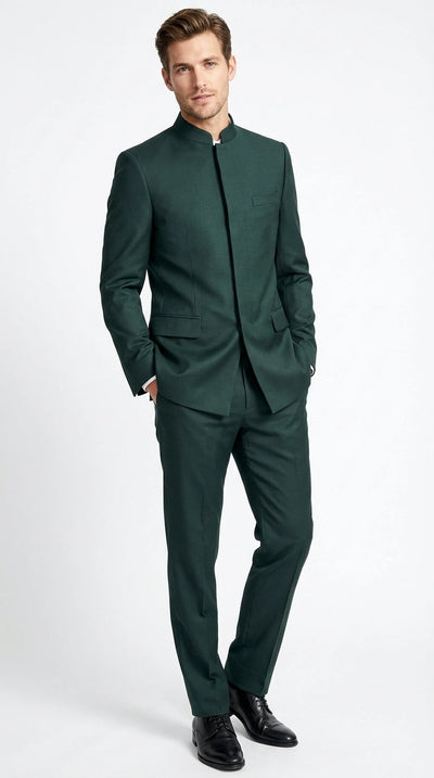 Menβs Olive Green Tuxedo Mandarin Collar Suit β Modern Nehru Style Formal Suit for Wedding Banded Collar