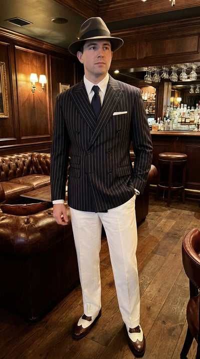 Menβs Black Pinstripe Blazer 1920s Gangster Mob Boss Style Jacket β Classic Double Breasted Vintage Suit Blazer, Formal Party Costume Wear