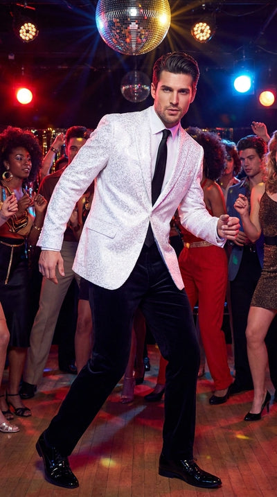 Menβs White Disco Blazer 1980s Sequin Style Jacket β Lapel Collar Party Blazer, Formal Evening Wear, Halloween Masquerade Club Outfit