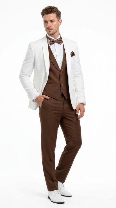 Menβs Ivory and Brown 3 Piece Suit β Elegant White Blazer with Brown Vest and Trousers for Wedding, Prom and Formal Events in off White Cream + Bowtie