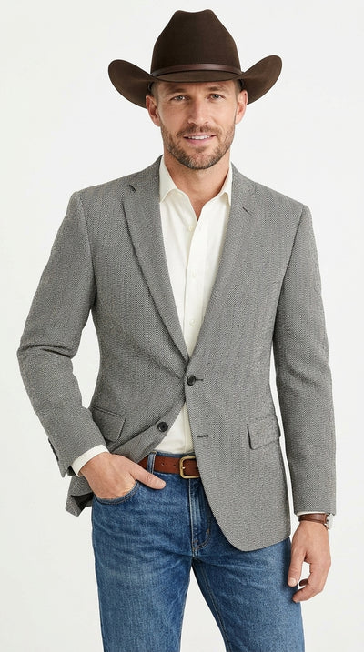 Men’s Light Grey & Black Herringbone Western Blazer – Cowboy Sport Coat Jacket
