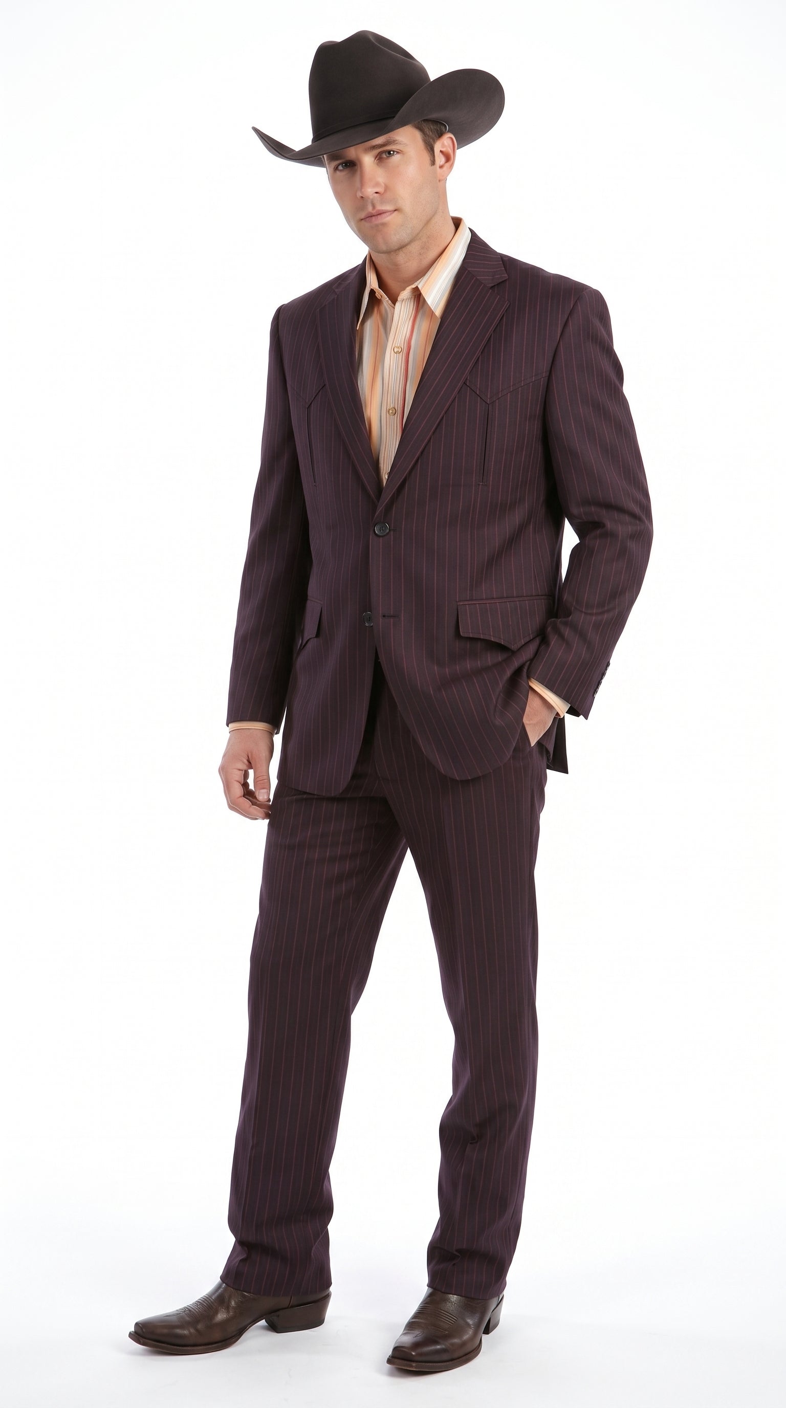 Men’s Brownish Black Pinstripe Western Suit, Cowboy Formal Wedding Ranch Dress Suit Set Slim Fitted Brown / 36R