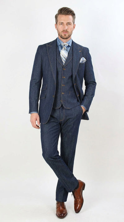 Menβs Pleated Pants Dark Blue Denim 3 Piece Suit β 100% Cotton Formal Suit Set, Blazer Vest Pants Outfit Classic Fit Athletic Fit Lose Fit