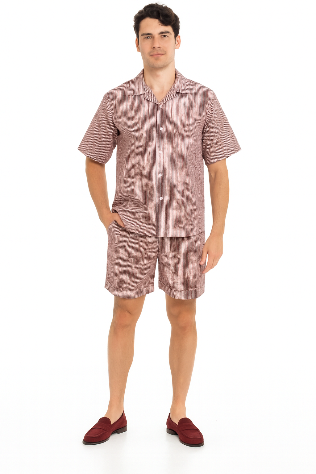 Men’s Burgundy Reddish Seersucker Short Set Walking Suit – Two-Piece Cuffed Shorts with Expandable Waist