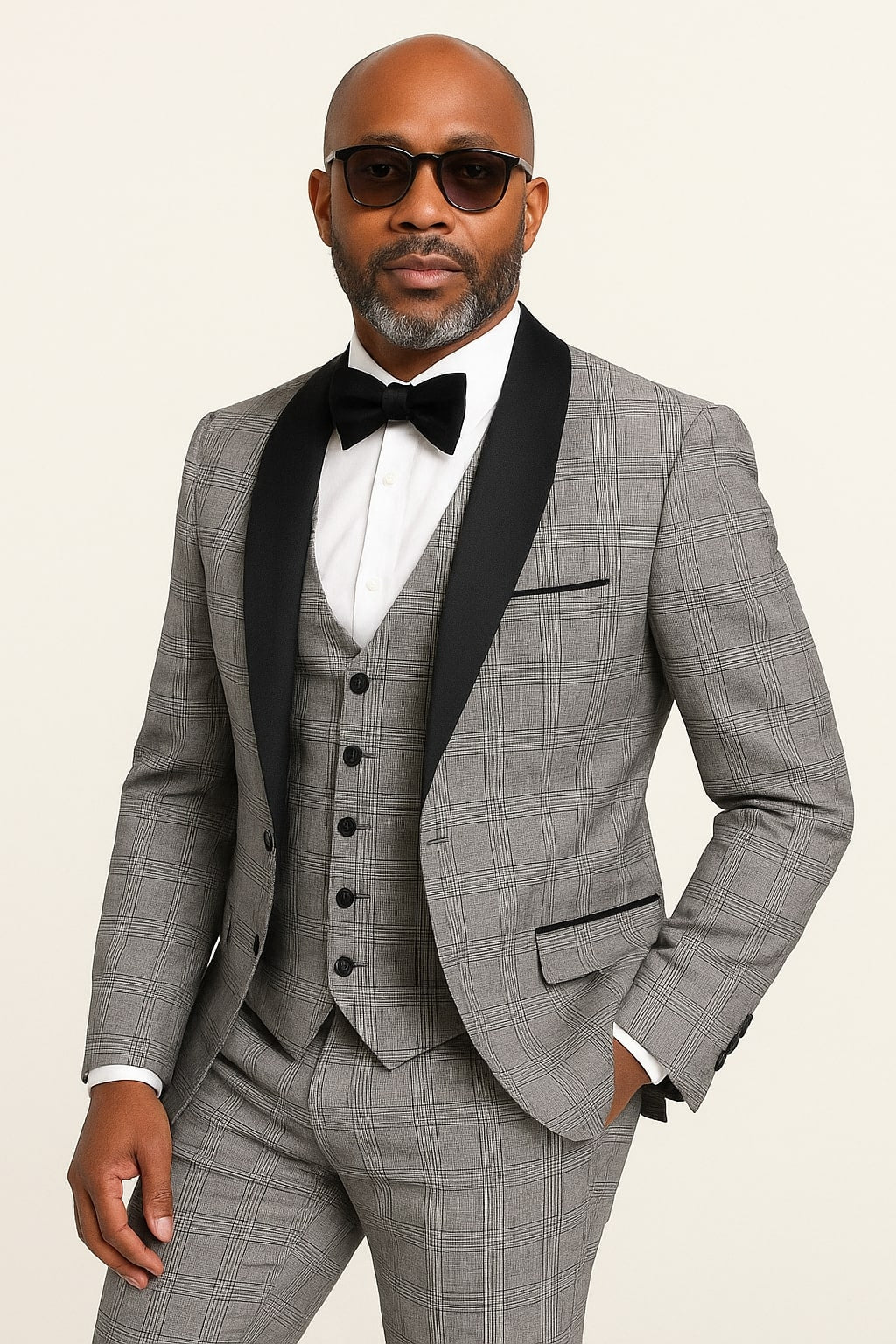 Men's Black and White Plaid Tuxedo – 3 Piece Suit with Black Velvet Shawl Lapel - Gray Glein Tartan Pattern Wedding Suit