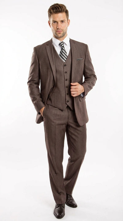 Menβs Brown Sharkskin 3 Piece Suit β Textured Two Button Vested Business Formal Suit for Wedding, Party Wear Vested
