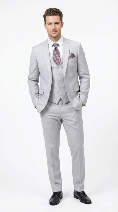 Menβs Light Grey Sharkskin 3 Piece Suit β Two Button Vested Modern Formal Business Suit for Wedding in silver Ice Gray