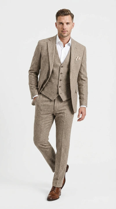 Menβs Light Beige Herringbone Tweed Suit with Vest β Classic Three Piece Formal Suit, Vintage Business Wedding Outfit, Elegant Smart Casual Wear
