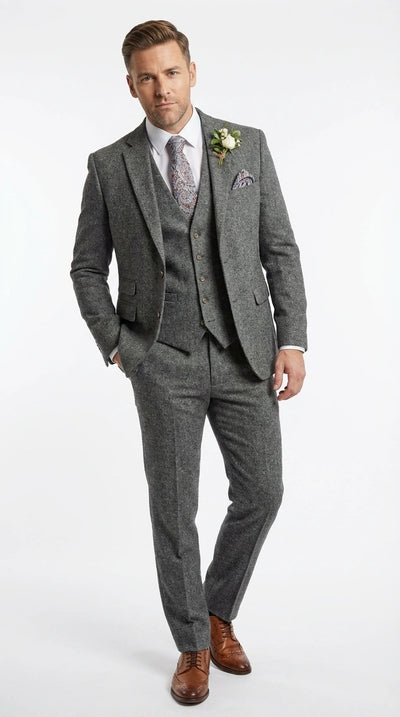 Menβs Peaky Blinder Light Grey Tweed Suit with Vest β Classic Three Piece Formal Suit, Vintage Wedding Business Outfit
