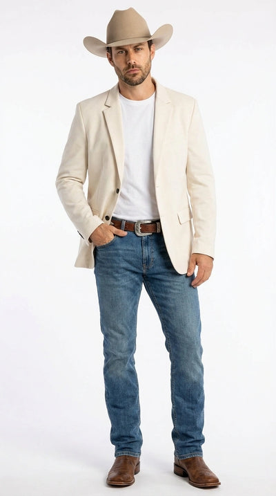 Menβs Off White Casual Blazer β Classic Western Style Lightweight Summer Cowboy Jacket Casual Ivory Cream Color