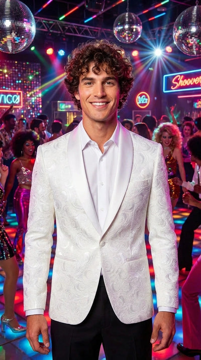 Menβs White Paisley Disco Blazer 1980s Style Jacket β Shawl Lapel Formal Party Blazer, Elegant Masquerade Club Wear, Stylish Evening Outfit
