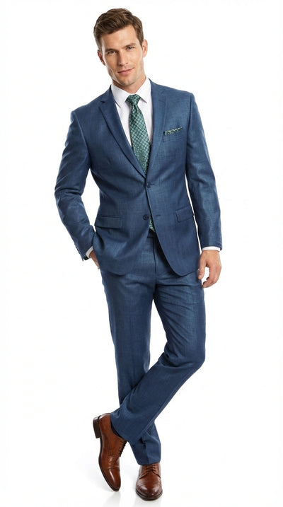 Menβs Indigo Blue Sharkskin Suit β Textured Shiny Formal Suit for Wedding, Business, 2 Buttons Slim Fitted