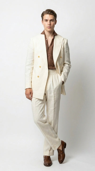 Menβs Off White 70s Style Double Breasted Suit β Vintage Retro Wide Lapel Classic Outfit for Party, Wedding and Casual Fashion Wear