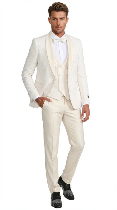 Menβs Ivory Paisley Tuxedo Suit 3 Piece β One Button Vested Satin Formal Suit for Wedding in Off white Cream Color