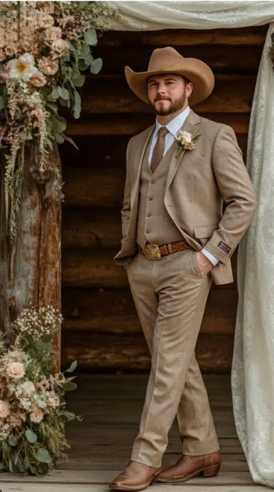 Mens Sharkskin Dark Taupe Tan with sheen Western 3 Piece Suit β Classic Country Style Blazer Vest Pants Set, Formal Cowboy Suit Outfit