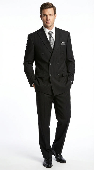 Menβs Black Pinstripe Double Breasted Suit β Peak Lapel Classic Fit Formal Business Conservative settle stripe