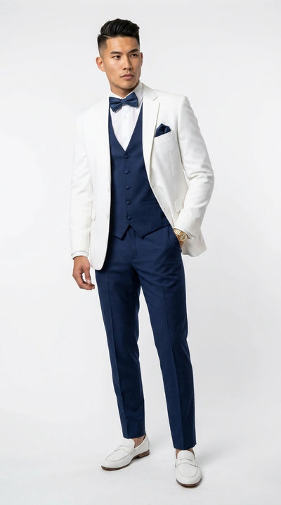 Menβs White and Navy blue tuxedo 3 Piece Suit β Classic White Blazer with Navy Vest and Pants for Wedding, Party + Bowtie