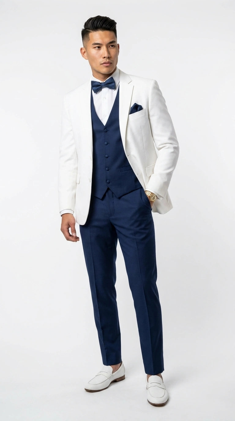 Men’s White and Navy blue tuxedo 3 Piece Suit – Classic White Blazer with Navy Vest and Pants for Wedding, Party + Bowtie