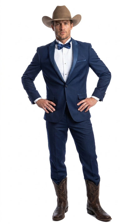Menβs Saphire Indigo Blue Western Tuxedo Suit, Formal Wedding Prom Cowboy Tuxedo with Blue