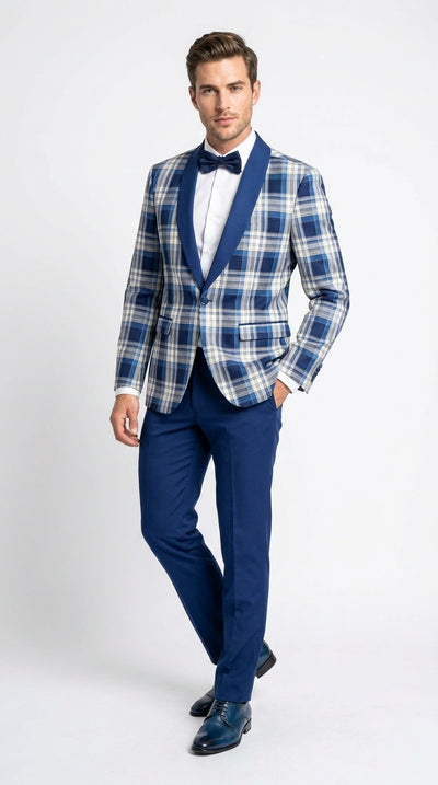 Menβs Tartan Blue Plaid and Solid Blue Tuxedo β Modern Check Pattern Formal Suit for New Year - Christmas - Holiday Jacket with Pants