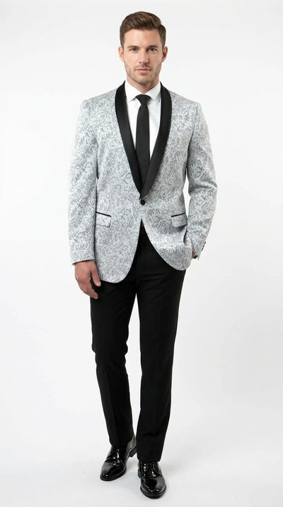 Menβs Silver and Black Floral Blazer β Elegant Formal Tuxedo Style Blazer Jacket for Wedding, Party, Prom and Evening Wear