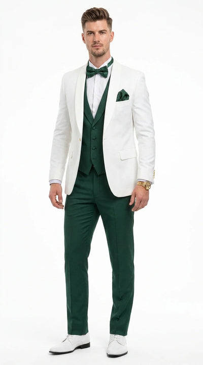 Menβs White and Hunter Green 3 Piece Suit β Elegant Formal Suit with Vest, Wedding Tuxedo Suit for Prom and Party Wear