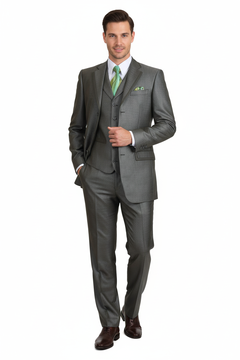Olive Green Three-Piece Suit Classic Fit, Vest & Tie