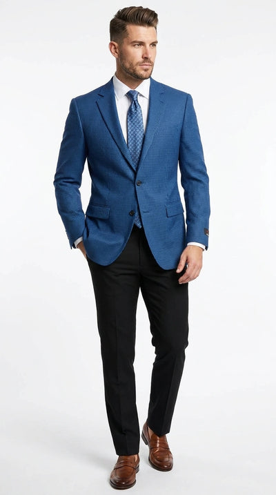 Menβs Blue Houndstooth Blazer Jacket, Check Pattern Formal Sport Coat for Weddings, Prom, Parties, and Special Occasions