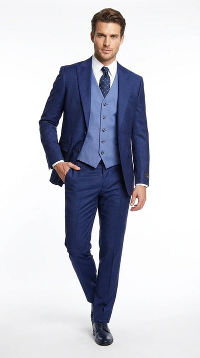Vitali Menβs Navy Blue 3 Piece Suit with Light Blue Vest, Textured Formal Dress Suit for Weddings, Prom, Business Events, and Parties