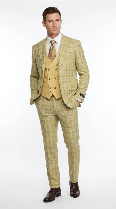 Vitali Menβs Sage Beige Tan Plaid 3 Piece Suit, Check Pattern Formal Dress Suit for Weddings, Prom, Business Events, Modern Fit Light Yellow Color