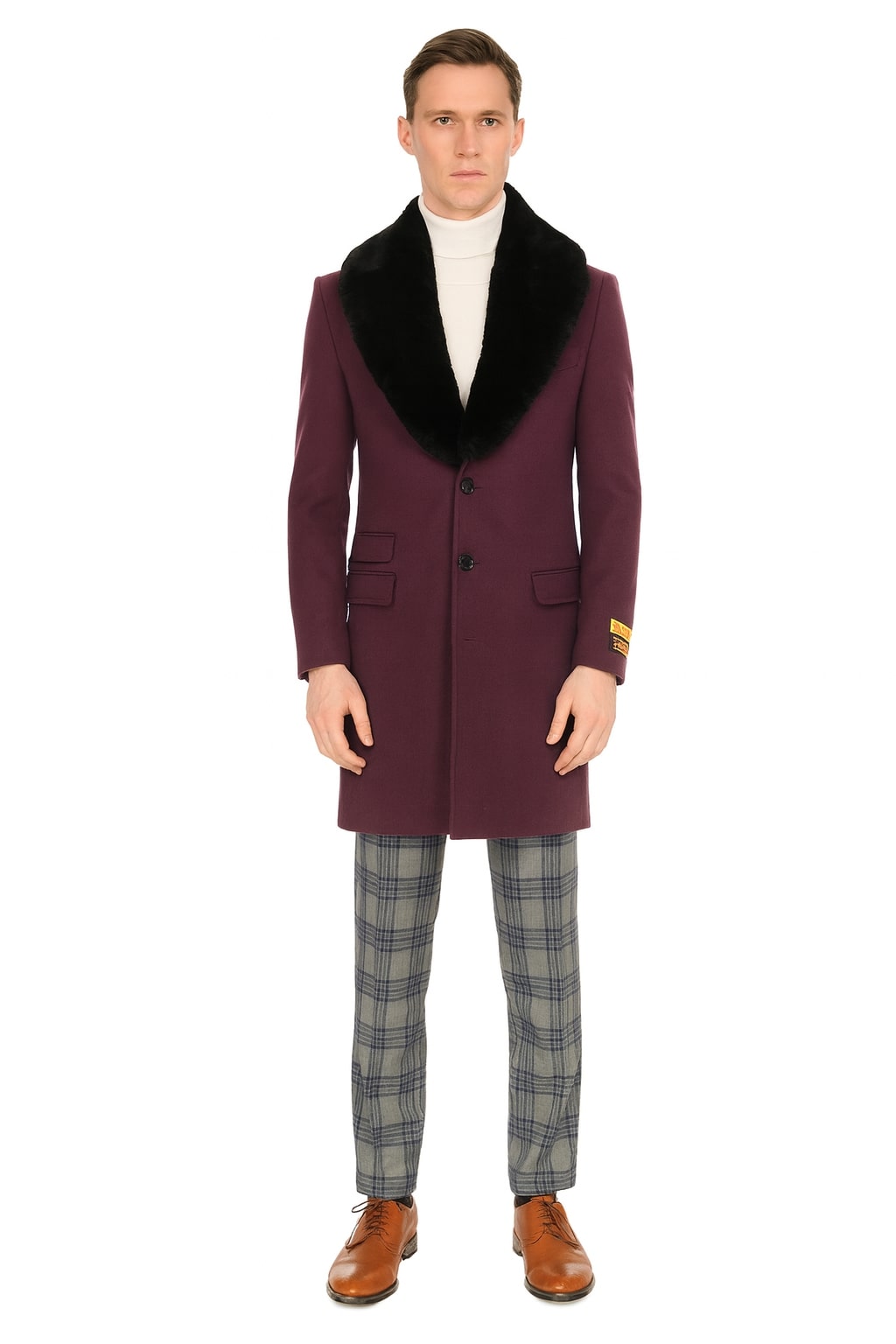 Mens Purple Wool Overcoat with Black Faux Fur Collar – Luxury Winter Dress Coats for Formal and Casual Wears Purple / Coat Size 56 Mens Purple Wool Overcoat with Black Faux Fur Collar – Luxury Winter Dress Coats for Formal and Casual Wears Purple / Coat Size 56