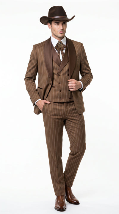 Menβs Brown Pinstripe Western Cowboy Tuxedo, Contrast Shawl Lapel Formal Suit for Weddings, Prom, Parties, and Special Occasions