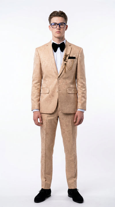 Menβs Champagne Gold Paisley Prom Tuxedo, Formal Dinner Suit for Prom, Weddings, Parties in Tan Color
