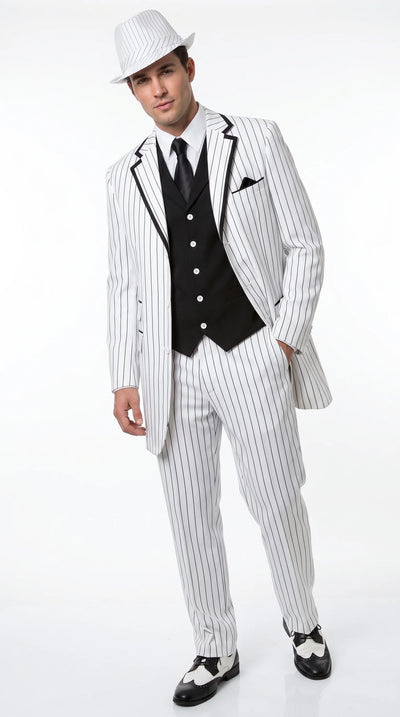 Menβs White Pinstripe 1920s Gangster 3 Piece Suit, Black Contrast Formal Costume Suit for Parties, Prom, Weddings, and Theme Events