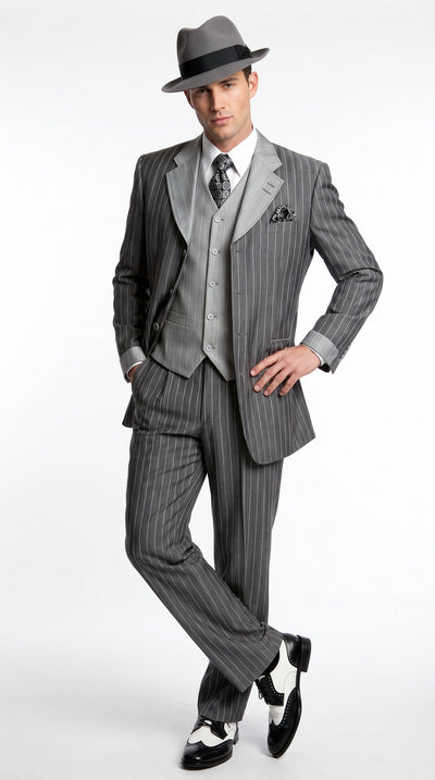 Menβs Grey Pinstripe 1920s Gangster 3 Piece Suit, Contrast Lapel Vintage Formal Suit for Parties, Prom, Weddings, and Theme Events