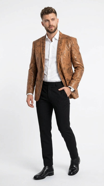 Menβs Tan Snakeskin Print Blazer, Brown Sport Coat Camel Alligator Crocodile Animal Print leopard Jacket